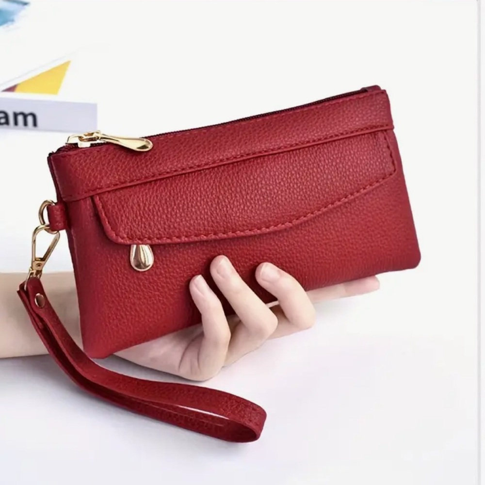Red Synthetic Leather Wristlet with Golden-Tone Hardware NIP